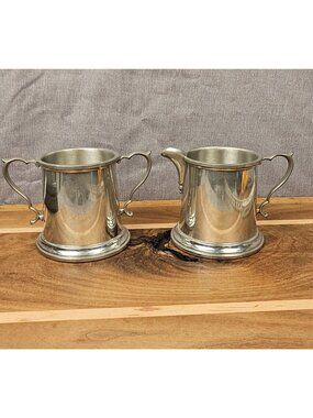 Colonial Pewter Cream & Sugar Set By Boardway - 3.5" Tall - Vintage Double-Handl